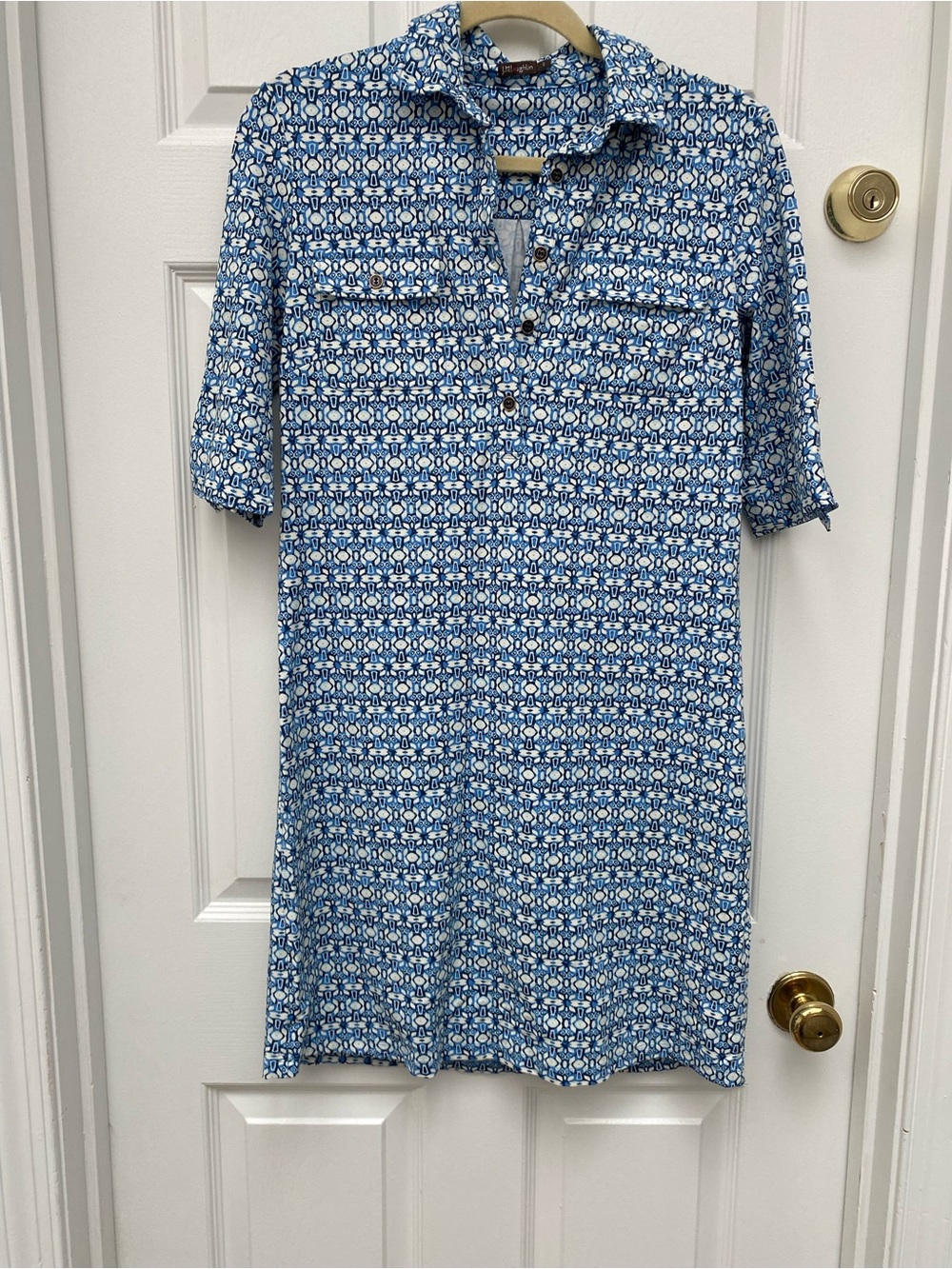 J. McLaughlin Catalina Cloth Blue & White Geometric Print Shirt Dress - Small